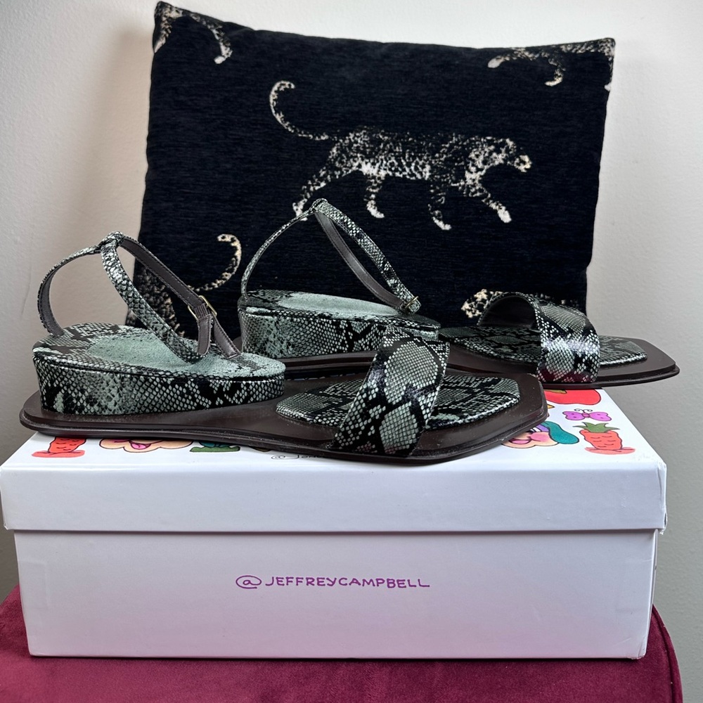 Jeffrey Campbell Plinth Sandals in Green Snake platform ankle strap avant garde